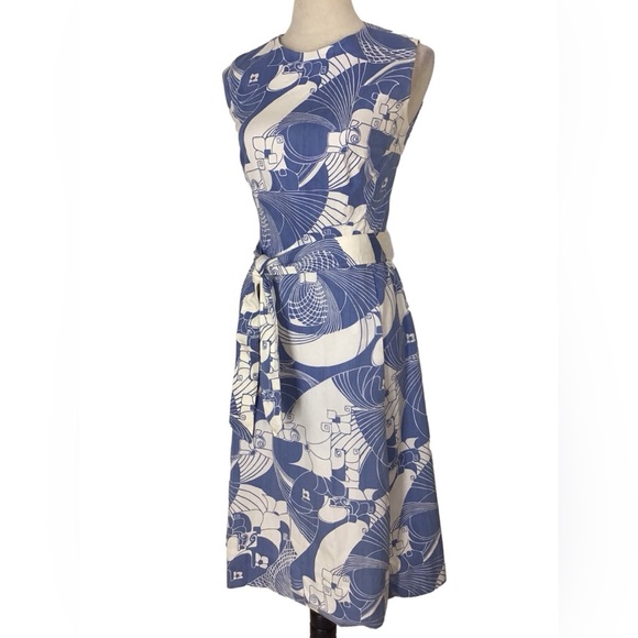 Vintage Tal Saunders Sleeveless Geometric Pattern Belted Midi Sheath Dre… - Picture 2 of 5